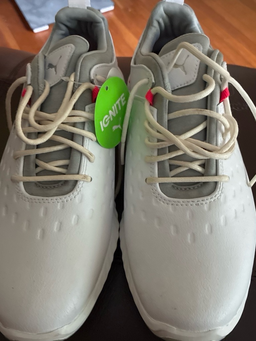 Puma White and Light Gray Athletic Ignite Sneakers with Pink Accents